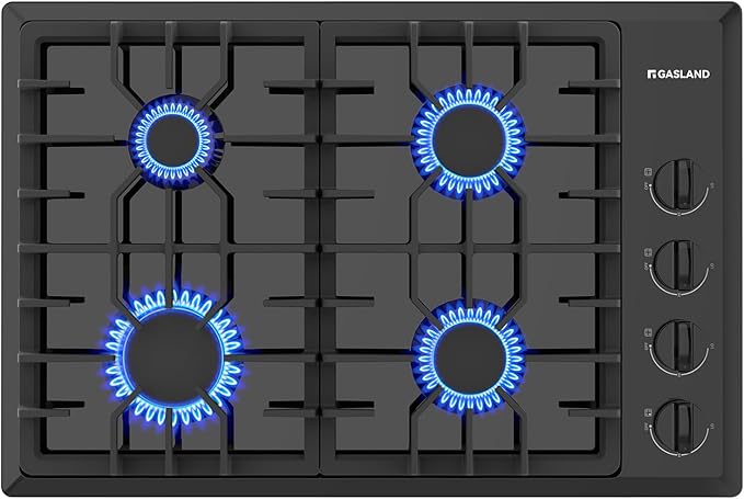 GASLAND 30 Inch Gas Cooktop Black, 4 Sabaf Sealed Burner Gas Stovetop, 4 ft Cord Plug, Heavy Duty Cast Iron Grates with Metal Knobs, 28,300 BTU NG/LPG Convertible