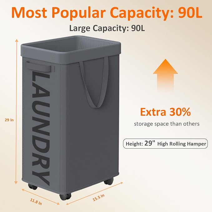 Optish 90L Laundry Basket with Wheels, Rolling Hamper with Removable Bag - Image 2
