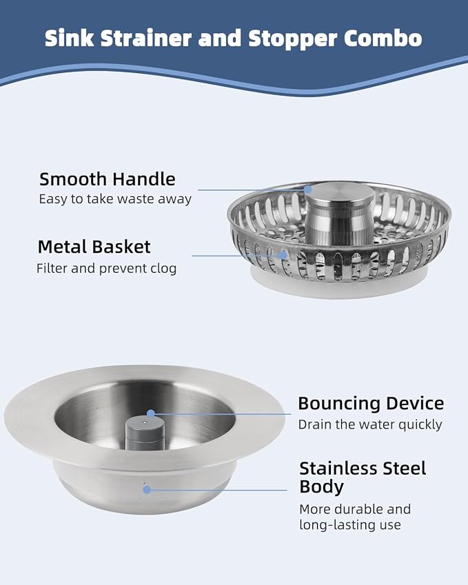 3-in-1 Kitchen Sink Strainer Stopper Combo, Universal Fit, All Metal - Image 6
