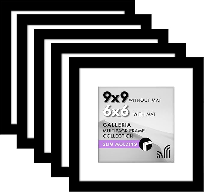 Americanflat 9x9 Picture Frame with Polished Plexiglass - Set of 5 - Use as 6x6 Frame with Mat or Display 9x9 Photo Without Mat - Galleria Collection - Square Frames for Tabletop and Wall - Black