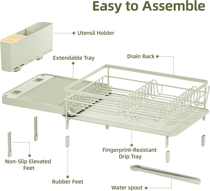 Urackify Extendable Dish Rack, 18.5"-26.7" L x 12.7" W, Soft Celery Green | - Image 7