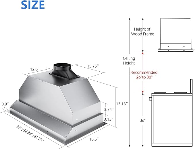 IKTCH 30 inch Built-in/Insert Range Hood 900 CFM, Ducted/Ductless Convertible Duct, Stainless Steel Kitchen Vent Hood with 2 Pcs Adjustable Lights and 2 Pcs Baffle Filters with Handlebar