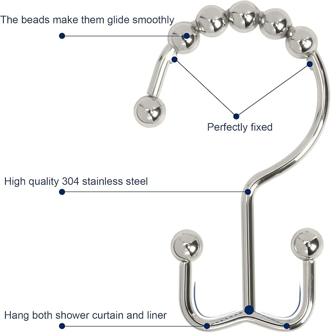 Gidse Shower Curtain Hooks, Sturdy Stainless Steel Double Sided Shower Hooks - Image 3