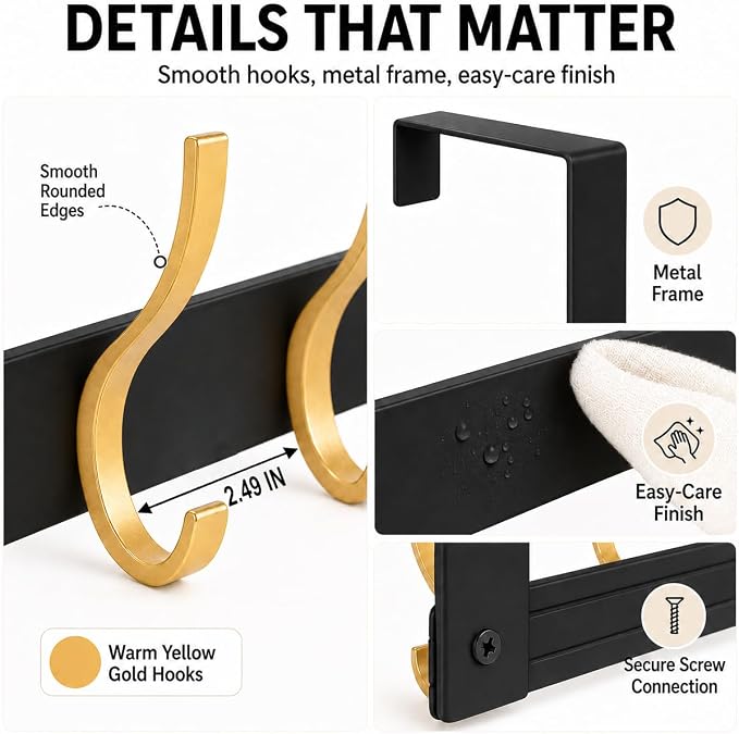 Peasulin Over The Door Hooks, 1 Pack Black 11" Long Door Hanger Rack | - Image 4