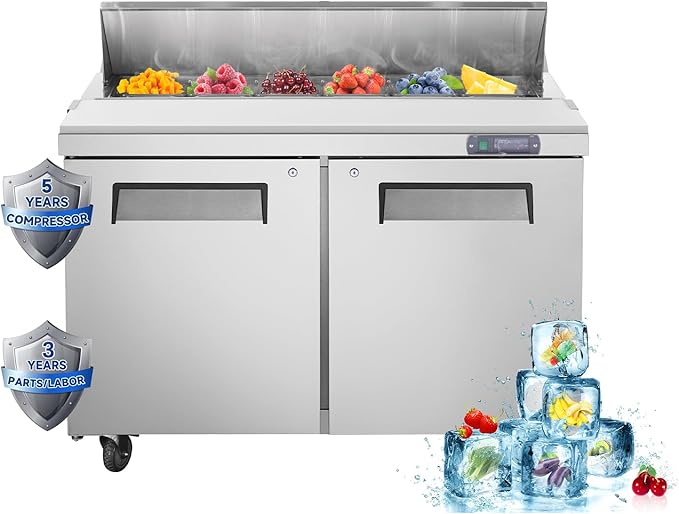 JINSONG Stainless Steel Sandwich & Salad Prep Table, Commercial Refrigerated Food Prep Station with Cutting Board & 8 Pans, 7.4 cu. ft Fridge Salad Bar for Restaurants (48''W 12.9 Cu.ft)