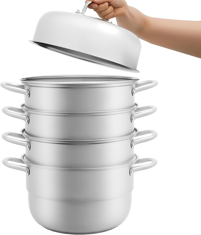 Steamer 32.5cm/12.8in, 5-tier Stainless Steel Steam Cooker w/Visual Lid & Handles, Home Round Stackable Multipurpose Steam Pot for All Stoves (1xBottom Pot, 3xSteaming Baskets, 2xSteaming Slices)