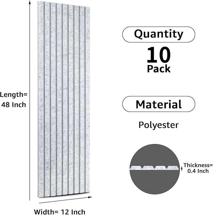 Art3dwallpanels 10 Pack Acoustic Panels, 48" X 12" X 0.35" Soundproof Wall Panels, Self Adhesive High Density Sound Absorbing Acoustic Treatment for Recording Studio, Office, Grey