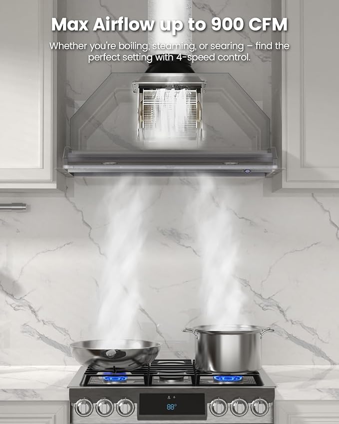 JOCO 36 Inch Range Hood Insert, 900 CFM Stainless Steel Built-In Kitchen Vent Hood, Convertible for Ducted or Ductless Installation, 4-Speed Knob Control, Model B02-36K