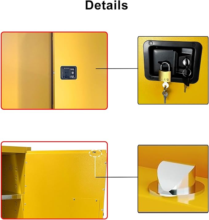 43" x 18" x 65" Steel Flammable Liquid Cabinet, Industry Safety Storage, 45 Gal Flammable Safety Cabinets with 2 Adjustable Shelves 2 Manual Doors for Industrial Use, Yellow,Cold Rolled Steel