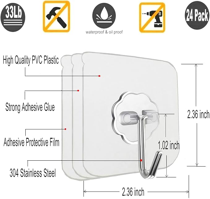 12 Pack Adhesive Wall Hooks Heavy Duty No Drill Clear Sticky Hooks, 33LB | - Image 2