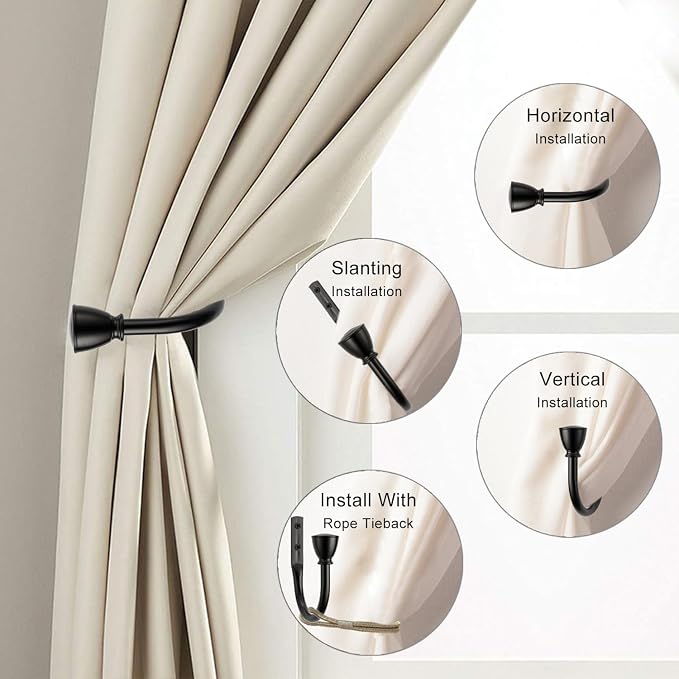2 Pack Black Curtain Hooks for Drapes, Metal Curtain Tiebacks - Image 4