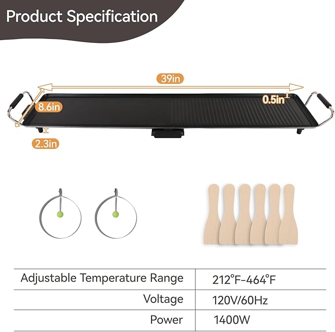 39.5-Inch Electric Griddle & Teppanyaki Grill, 1400W Large Non-Stick Surface, Intelligent Temperature Control, Easy to Clean. Indoor/Outdoor Use for Pancakes, BBQ, Camping & Gatherings