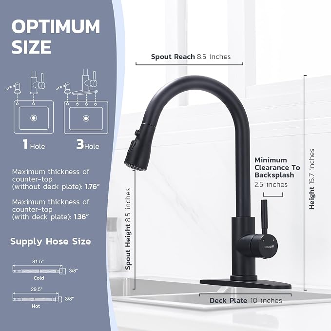 WEWE Kitchen Faucet with Soap Dispenser, 3-Mode Sprayer, Matte Black | - Image 3