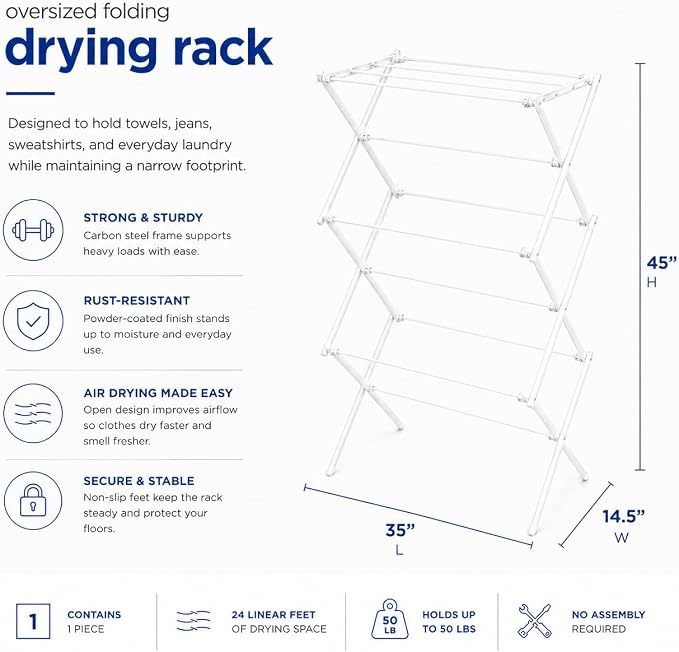 Honey-Can-Do Oversized Clothes Drying Rack, Extra-Wide 35", 50 lb, jeans & - Image 4
