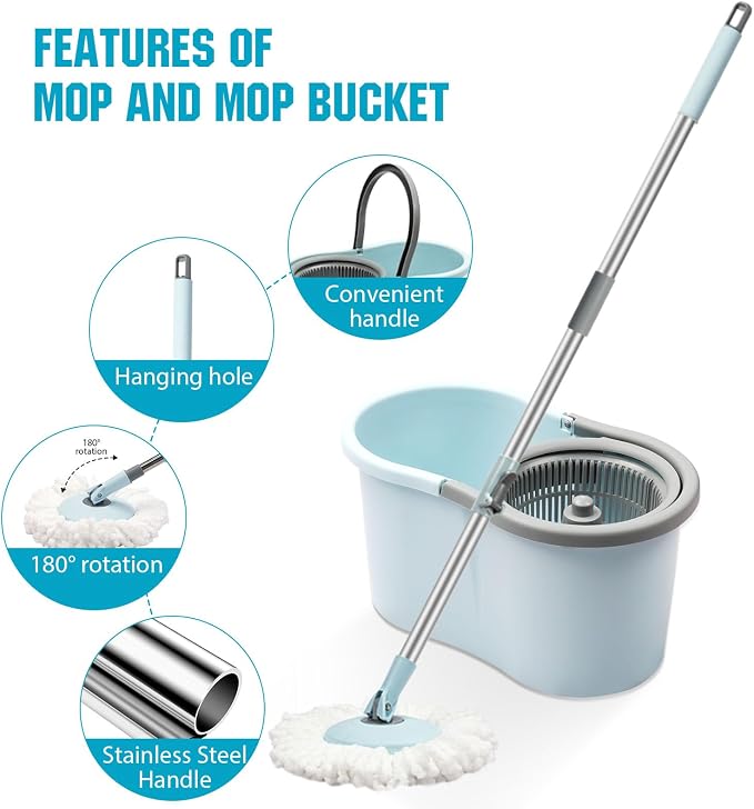 Spin Mop and Bucket with Wringer Set, 3 Microfiber Mop Heads - Image 5