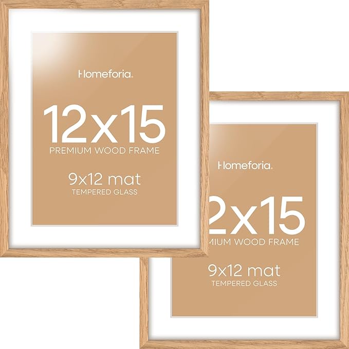 Homeforia 12x15 Wood Frame, High End Natural Oak 12x15 Light Wooden Picture Frame with Mat 9x12, 12 x 15 Poster Frames Matted to 9 by 12 Photo, 15x12 Hanging Frames, Tempered Glass, Wall Kit, Set of 2