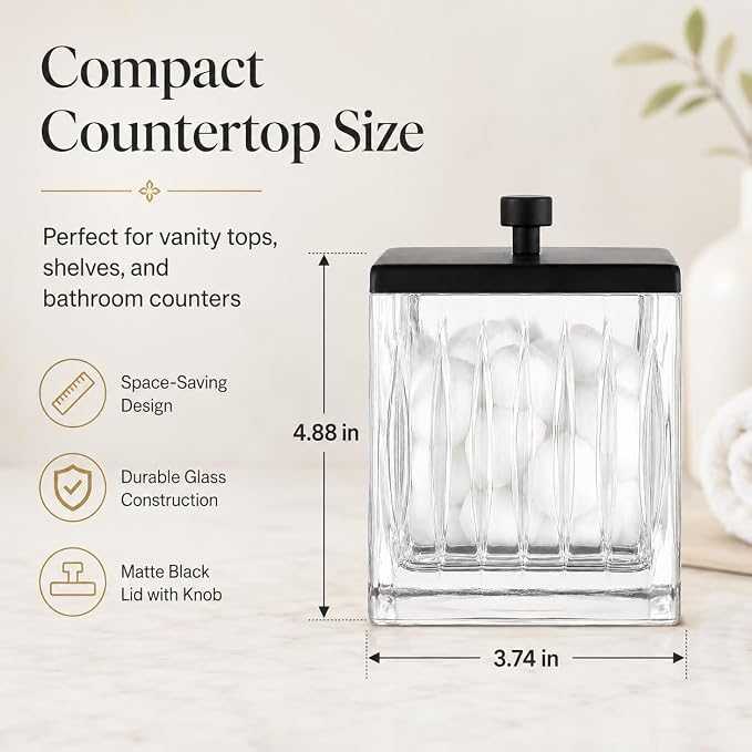 Vince Camuto Home Glass Cotton Jar Holder – Matte Black Lid, Elegant Bathroom - Image 3