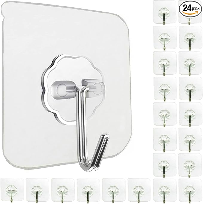24 Pack Adhesive Wall Hooks 33LB Heavy Duty No Drill Clear Sticky Hooks | by Jwxstore