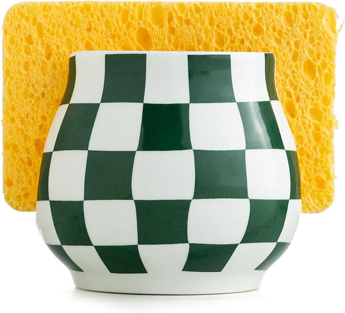 Zoeeker Kitchen Sponge Holder for Sink, Ceramic Checkered Sponge Organizer by LAUCHUH