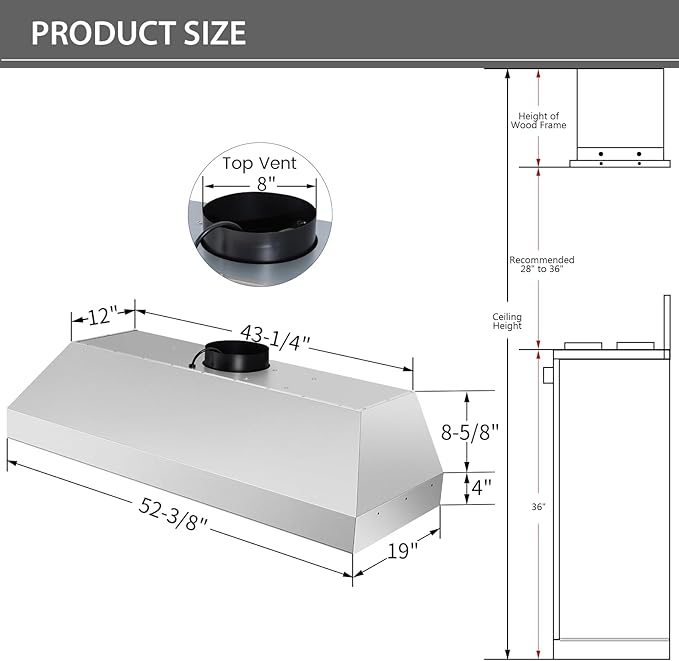 Akicon 54 Inch Range Hood Insert with Heater Sensor, 1200 CFM Ultra-Quiet Stainless Steel Ducted Vent Hood Insert with 4 Speed Fan, Dimmable LED Lights and Dishwasher Safe Filters