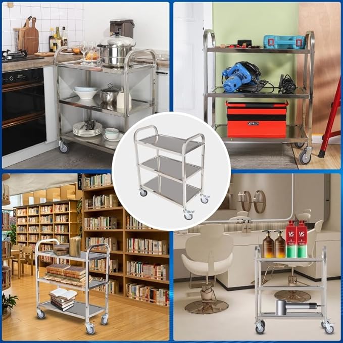 Stainless Steel Cart on Wheels,3-Tier Stainless Steel Utility Cart for Kitchen, Tool Room, Workshop, Salon & BBQ Snack Station - 29.5" D*15.7W*33H with with 360° Wheels (2 Locking)