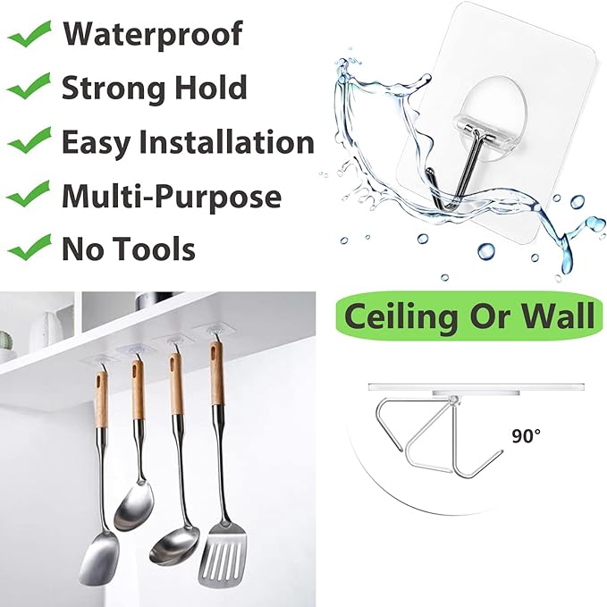 Adhesive Wall Hooks No Drill Clear Heavy Duty, 13LB Sticky 12 Pack | Waterproof - Image 2