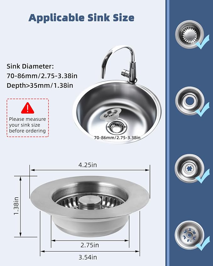 3-in-1 Kitchen Sink Strainer Stopper Combo, Universal Fit, All Metal - Image 5