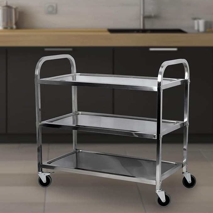 uyoyous Extra Large 3 Tier Stainless Steel Utility Cart 37 x20 x37 inch Commercial Heavy Duty Rolling Cart Food Storage Service Trolley with 360°Rotatable Wheels for Kitchen Hotel Restaurant Home Use