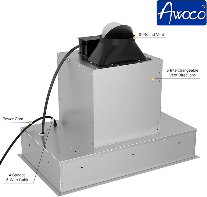 Awoco 30”W Flush Ceiling Mount Insert Island Range Hood, Stainless Steel 4 Speeds 700 CFM, 6” Round Vent LED Lights Remote Control (30"W)