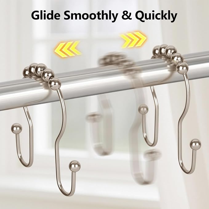 Resze Double Shower Curtain Hooks, Sturdy Metal Nickel Shower Curtain Rings - Image 6