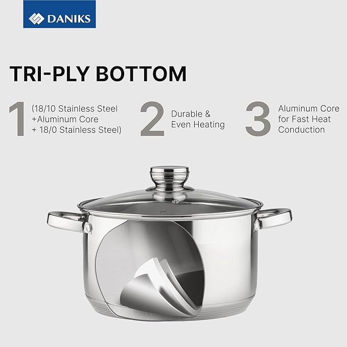 Daniks Standard 2 Quart Stainless Steel Stock Pot with Glass Lid, Try-Ply Bottom for Even Heating, Induction Compatible, Dishwasher Safe, Built-In Measuring Scale, Silver