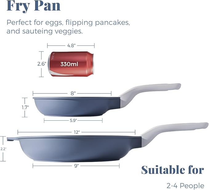 PRICUSIS Nonstick Ceramic Frying Pan Skillet, 8+12 Inch Induction Compatible with Stay Cool Handle, Healthy PTFE PFAS & PFOA Free Omelet Pan, Dishwasher Safe (Blueberry Gray)