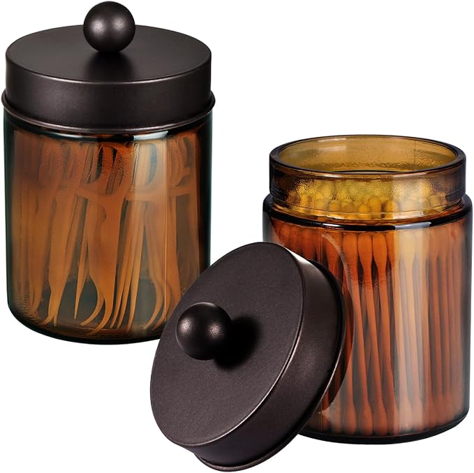 Amolliar Amber Glass Apothecary Jars Qtip Holder w/Metal Lids, Bronze 2pc by Amolliar