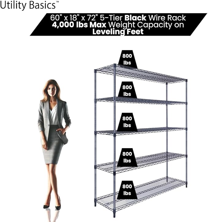 NSF Commercial 5-Tier Wire Shelving with Wheels, 60"x18"x72" Heavy Duty Metal Shelves 4000 lbs Max Capacity, Black Storage Rack for Garage Kitchen Pantry Warehouse