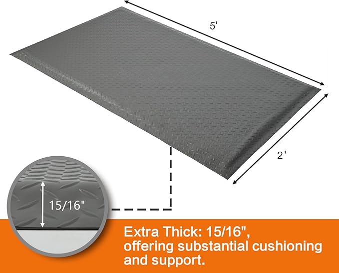 Nisorpa Anti Fatigue Mats Industrial 2' x 5' Ergonomic Standing Mat 15/16" Extra Thick Cushioned Shop Floor Mats Heavy Duty Commercial Diamond Plate - Safety Support for Leg & Back Pain, Grey