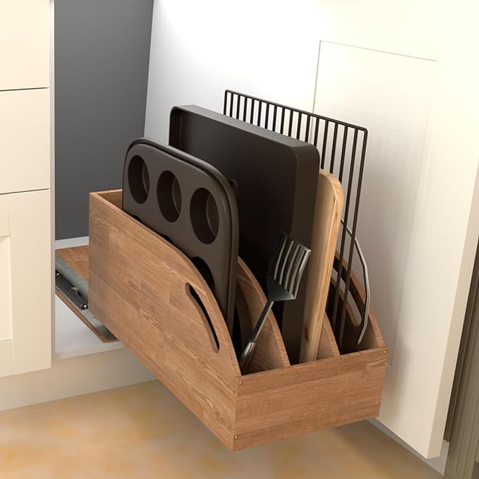 DINDON Pull Out Cabinet Organizer for Pans, Pot lid, Cookie Sheet, Cutting Board, Baking Tray, Slide Out Kitchen Cabinet Storage Organizer, 10.5''W X 21"D X 10.6"H, Wood