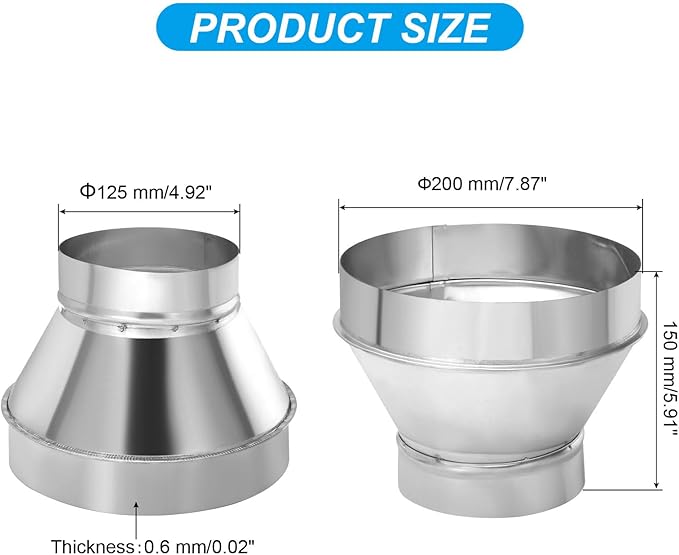 PATIKIL 8 Inch to 5 Inch Round Duct Reducer Increaser Connector, Galvanized Steel Air Duct Adapter Pipe Fitting for Bathroom Kitchen Inline Ventilation Systems, Silver Tone