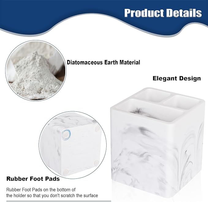 Diatomite Toothbrush Holders Tooth Brush Organizer, 2 Pack, Marble White | - Image 4