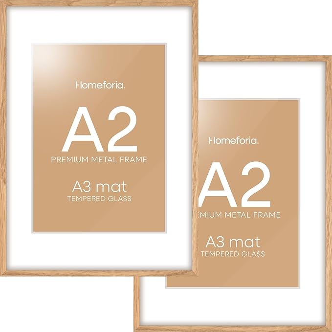 Homeforia A2 Picture Frame Natural Wood, High End Oak 16.5 x 23.4 Wooden Poster Frames Matted to 11.7 by 16.5 Photo, A2 Size Light Wood Frames with Mat A3 for Print, Tempered Glass, Wall Kit, Set of 2