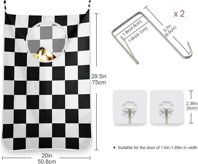 Checkered Black and White Hanging Laundry Hamper Door Hampers Bag Basket - Image 3