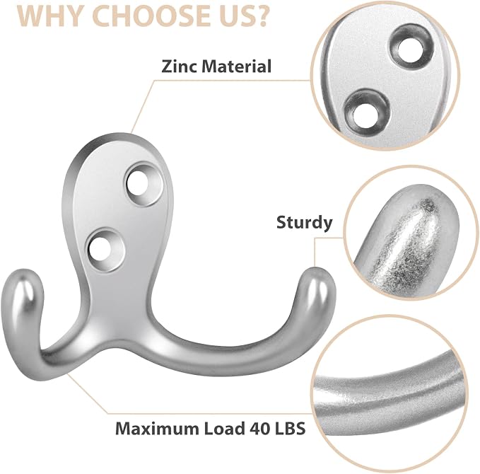 Homanu 180 Pack Coat Hooks, Heavy Duty Double Prong Coat Hooks Wall Mounted - Image 4