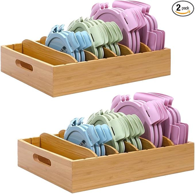 Bamboo Lid Holder Food Container, Kitchen Organizer with 5 Adjustable Dividers, Cabinet Organizer for Food, Kitchen Gadget, Container Lids (2pcs)