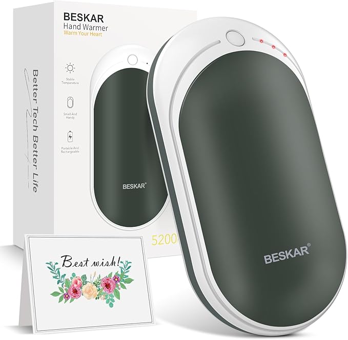 BESKAR Rechargeable Hand Warmer, 5200mAh Electric Hand Heater, Double-Sided Heating, USB Quick Charge, Portable Pocket Hand Warmer for Outdoor, Golf, Raynauds - Winter Gift