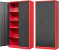 Metal Storage Cabinet-72” Tall Steel File Cabinets with Lockable Doors and Adjustable Shelves-Black&Red Steel Storage Cabinet for Kitchen, Office, Garage
