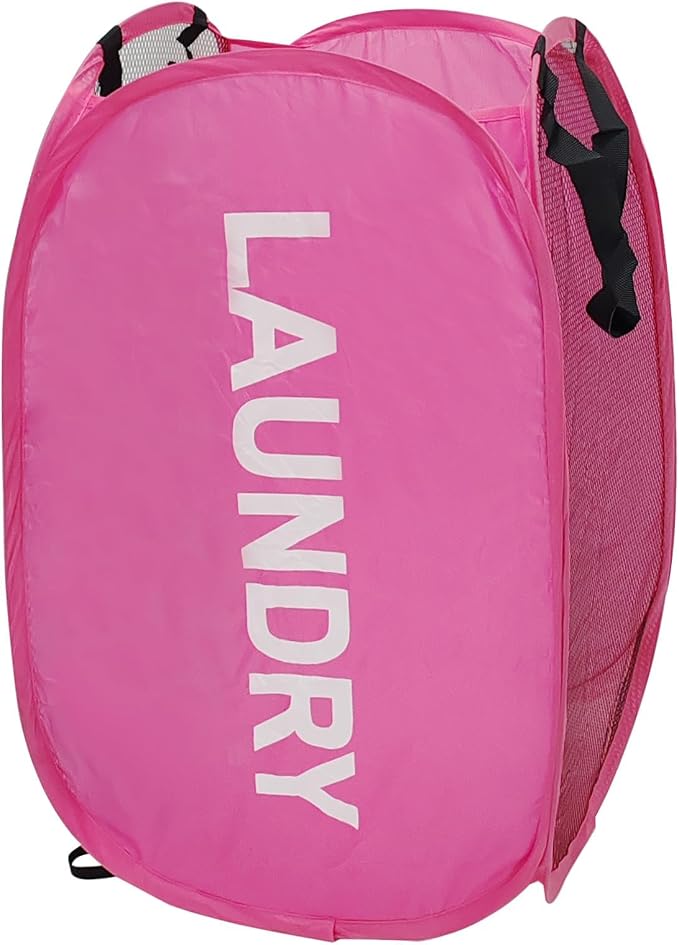 Pop Up Laundry Hamper Collapsible Laundry Basket Mesh Foldable Pink Dirty by Aplter