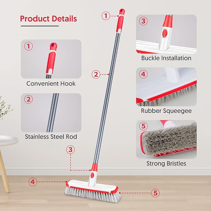 Floor Scrub Brush with Long Handle, Scrubbing Brush Squeegee Broom - Image 4