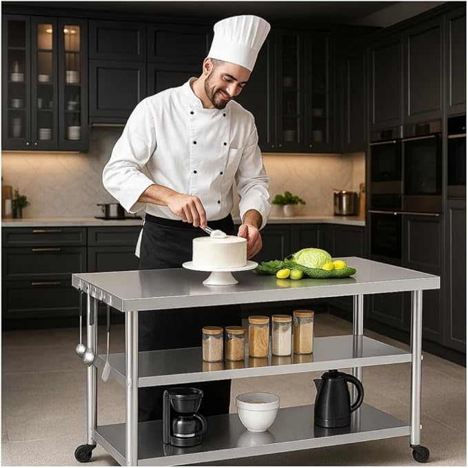 Stainless Steel Table with Wheels for Food Preparation and Work, Multi-Size Optional, Three-Layer Variable Two-Layer Metal Commercial Workbench Outdoor, Restaurant, Kitchen (51" Lx24 Wx34 H)