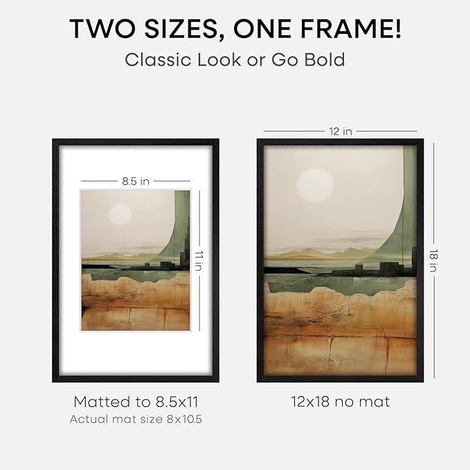 Homeforia 12x18 Frame Black Wood, High End Oak 12x18 Picture Frames with Mat 8.5x11 Photo, 12 x 18 Wooden Poster Frame Matted to 8.5 x 11 Print, 18x12 Hanging Frame, Tempered Glass, Wall Kit, Set of 3