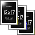 Homeforia 12x17 Picture Frame Black, High End Metal 12x17 Poster Frames with Mat 10x15 for Photo, 12 x 17 Black Frame Matted to 10 x 15 inch Print, 17x12 Thin Frame, Tempered Glass, Wall Kit, Set of 3