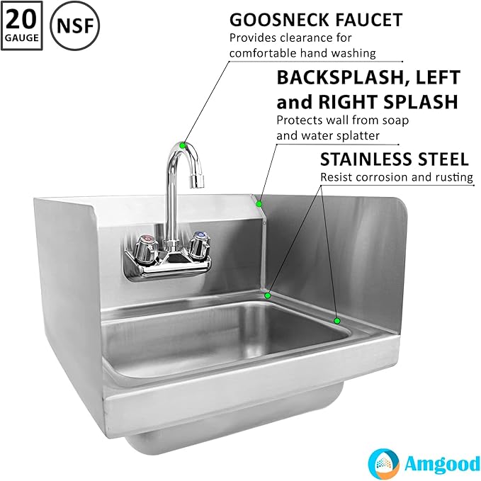AmGood Stainless Steel Wall Mount Hand Sink | NSF | Commercial Hand Washing Basin For Restaurant, Kitchen and Home (12" x 12" with Sidesplash)